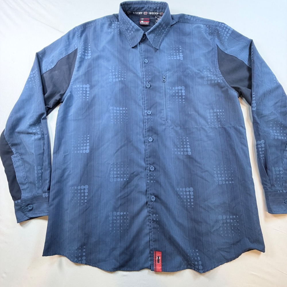 Bugle Boy Button Front Shirt Mens M Blue Striped Zip Pocket Vented Long Sleeve